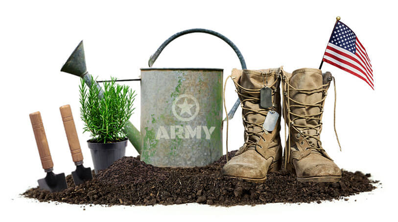 gardening equipment next to a pair of combat boots with a small American flag